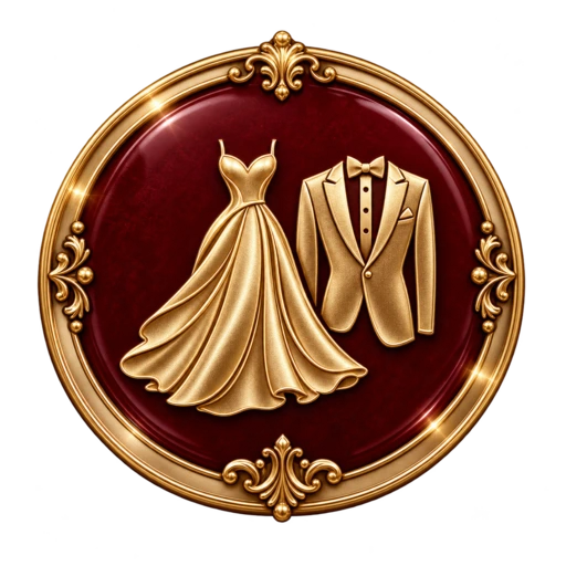 Medallón dorado con ícono de vestido y esmoquin para el código de vestimenta